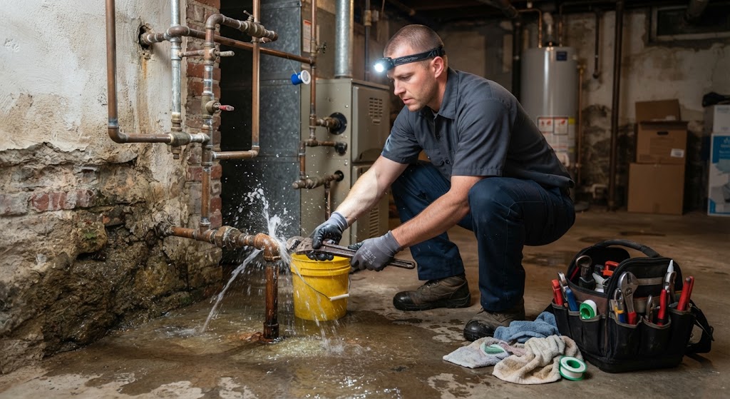 Plumber fixing a burst pipe in a basement