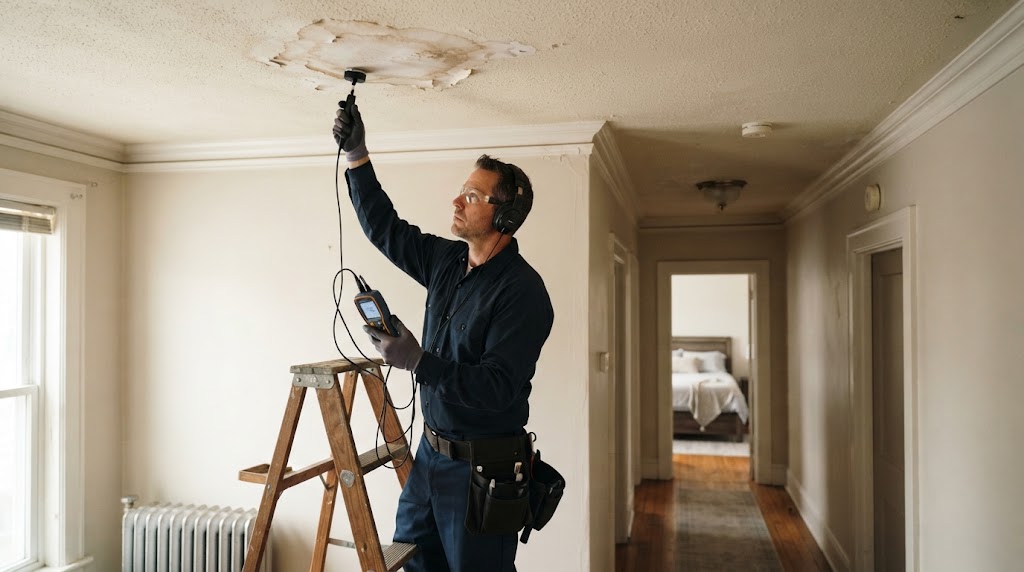 Plumber checking ceiling for hidden water leaks