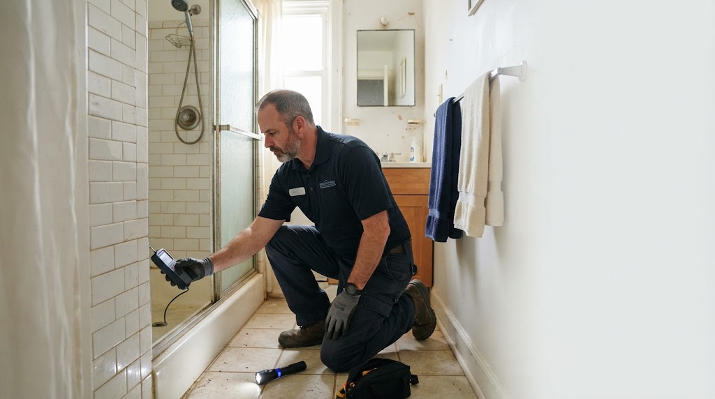 Plumber scanning a bathroom floor near the shower